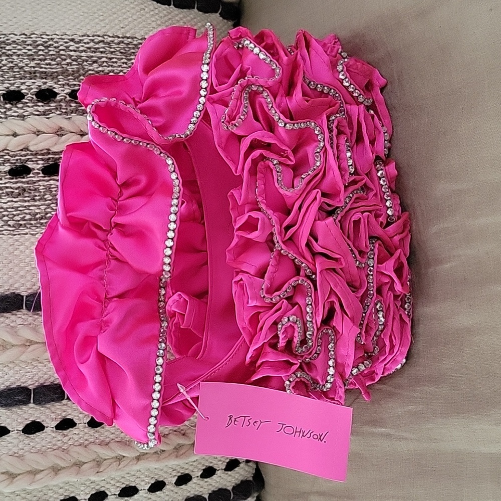 Betsey Johnson Frill Of It All Rhinstone Ruffle Shoulder Bag, Hot Pink NWT
